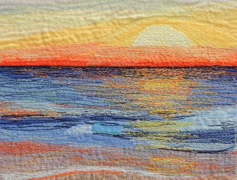 Early Riser 2. layered strips of fabric, silk, net, and muslin, machined over Seascape Quilts, Acrylic Sunset, Textile Art Quilt, Ocean Quilt, Nautical Quilt, Beach Quilt, Sea Quilt, Early Riser, Landscape Art Quilts