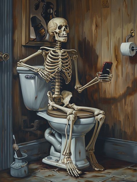 #OilPainting #Skeleton #Toilet #MobilePhone #1960sBathroom #Vintage #Horror #Spooky #Halloween #HighlyDetailed #3:4AspectRatio Ghost On Toilet, Skeleton On Toilet, Funny Halloween Pics, Skeleton Sitting In Chair, Skeleton On Phone, Funny Halloween Pictures, 1960s Bathroom, Skeleton Sitting, Colorful Skull Art