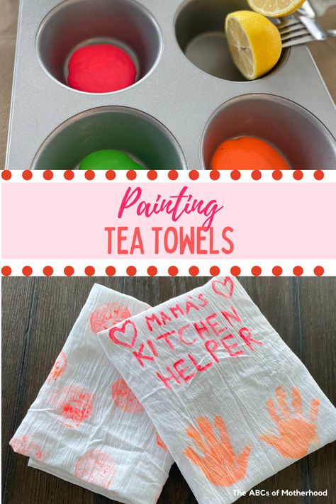 Citrus stamped painted tea towels will make the perfect gift for mom or Grandma. Find out how to make your own kitchen keepsake in this post. #toddlercraft #toddleractivities #toddlerart How To Paint Tea Towels, Painted Tea Towels, Diy Dish Towel, Make Your Own Kitchen, Dish Towels Diy, Diy Kids Paint, Tea Towels Crafts, Diy Dish Towels, Kitchen Towels Crafts