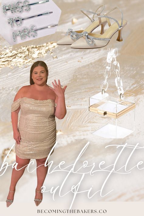 Plus size bride bachelorette party inspiration, gold sequin body con dress, silver bow heels, clear acryllic purse, miss to mrs bobby pins Plus Size Bachelorette Outfit For Bride, Plus Size Bachelorette Outfit, Silver Bow Heels, Flapper Outfit, Heels Clear, Gold Bachelorette, Bride Hair Pins, Hair Bride, Miss To Mrs