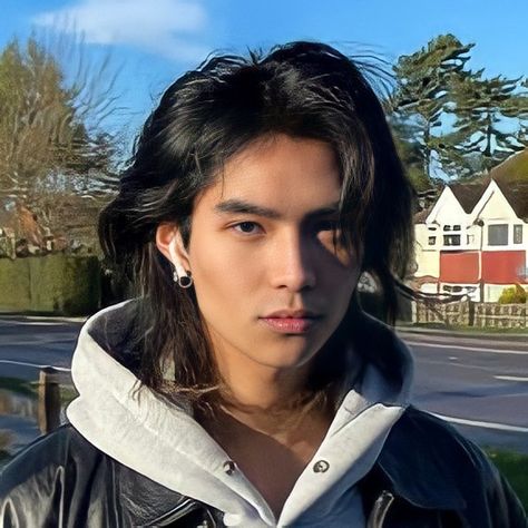 Black Hair Male Aesthetic Asian, Wolfcut Hair Men Asian, Asian Guys Long Hairstyles, Long Hair For Asian Men, Wolf Haircut Long Hair Men, Guy With Wolfcut, Asian Face Claims Male Long Hair, Jaw Length Hair Men, Asian Men Face Claims