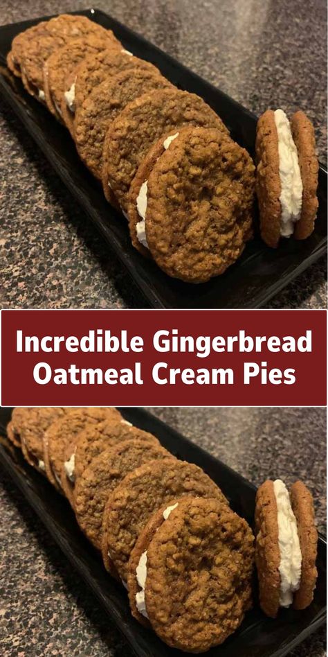 A festive treat combining the warm flavors of gingerbread with the creamy sweetness of oatmeal cream. These pies feature soft gingerbread cookies filled with a luscious oatmeal cream filling. Gingerbread Oatmeal Cream Pies, Gingerbread Oatmeal Creme Pie, Gingerbread Oatmeal, Oatmeal Cream Pie, Oatmeal Creme Pie, Soft Gingerbread, Week Meals, Soft Gingerbread Cookies, Oatmeal Cream Pies