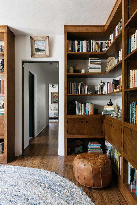 wood book shelves Painted Interior Door, Cool Secret Rooms, Dark Paint Colors, Library Inspiration, Unique Flooring, Emily Henderson, Room Transformation, Secret Rooms, House Paint