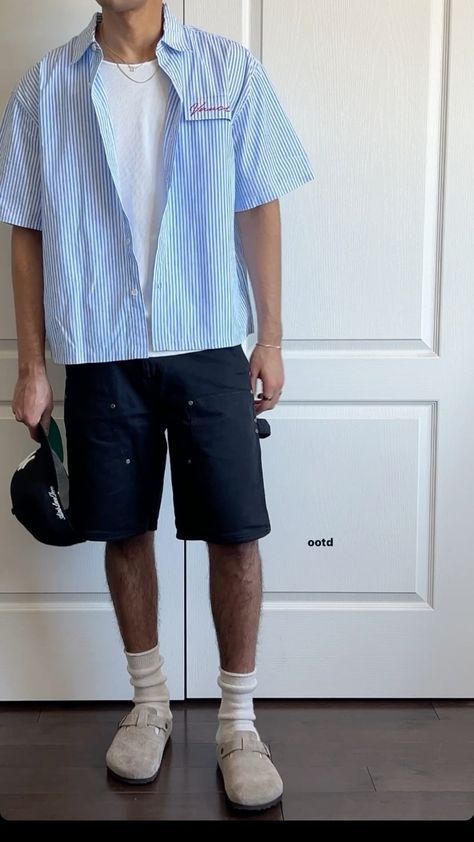 Dress Shirt Casual Outfit Men, Guys Fashion Casual Summer, Boyfriend Outfit Men Summer, Boyfriend Summer Outfit Men, Birkenstock Clog Outfit Men, Mens Clogs Outfit, Casual Men Outfits Summer, Summer Outfit Men 2024, Clogs Outfit Men