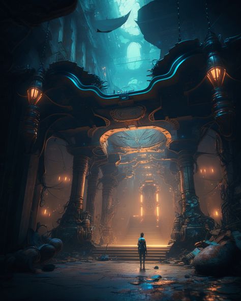 Explore a world of mystery and intrigue beneath the surface. 🚪 #UndergroundFantasyCity #Neon #Steampunk #DigitalIllustration Arcanepunk Aesthetic, Neon Steampunk, Arcane City, Steampunk Landscape, Art Deco Ideas, Dnd Campaign, Floating City, Fantasy City, Painting Inspo