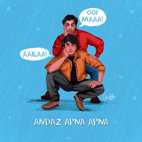 Bollywood Movie Illustration, Bollywood Movie Posters Art, Bollywood Illustration Art, Bollywood Illustration, Bollywood Stickers, Chai Art, Urdu Art, Andaz Apna Apna, Bollywood Poster