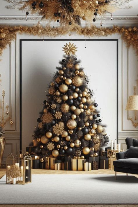 Create drama with a striking black and gold Christmas tree. Learn how to balance these bold colors for an elegant, modern holiday look. Good And Black Christmas Tree, Black Modern Christmas Tree, White Gold And Black Christmas Tree, Black And Gold Christmas Tree Ideas, Modern Black Christmas Tree, Gold And Black Christmas Tree, Christmas Trees Theme, Gold Tree Christmas, Black And Gold Christmas Tree