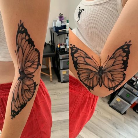 Butterfly In Arm Tattoo, Butterfly Tattoo That Opens On Elbow, Butterfly Arm Fold Tattoo, Butterfly Tattoo Near Elbow, Elbow Crease Tattoo Inner Butterfly, Butterfly Elbow Bend Tattoo, Monarch Butterfly Arm Tattoo, Butterfly Opening Wings Tattoo Elbow, Butterfly Moving Tattoo