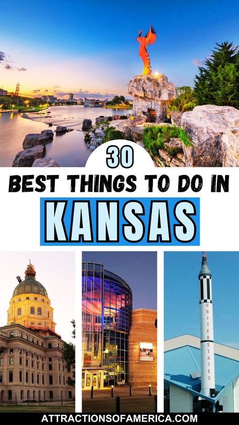 Images of Kansas attractions like Kansas Cosmosphere and Space Center, Kansas State Capitol and more with text overlay reading 30 best things to do in Kansas. Kansas Attractions, City Activities, Things To Do In Kansas, Kansas Travel, Kansas Usa, Usa Destinations, Road Trip Places, Dodge City, Midwest Travel