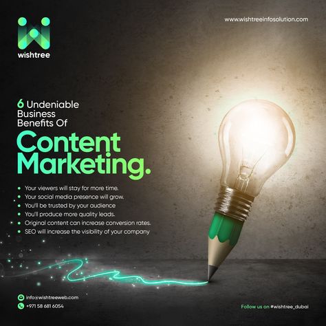 Content marketing is a marketing strategy used to attract, engage, and retain an audience by creating and sharing relevant articles, videos, podcasts, and other media. This approach establishes expertise, promotes brand awareness, and keeps your business top of mind when it's time to buy what you sell. Contact us info@wishtreeweb.com | +971 58 681 6054 Follow us on #wishtree_dubai www.wishtreeinfosolution.com Business Engagement Post Ideas, Creative Advertisement, Linkedin Post, Cartoon Chef, Camping Design, Social Media Branding Design, Awareness Poster, Social Design, Marketing Poster