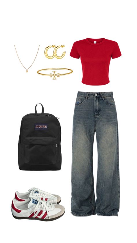 •red, baggy jeans, jansport backpack, sambas, outfit inspo, school, school inspo, inspo, school outfit inspo, ootd• School Outfits Board, Back To School Outfits With Sambas, Cute Baggy Jeans Outfit For School, Outfit Ideas For School Baggy Jeans, Outfits With Sambas For School, Outfits For School Baggy Jeans, Back To School Outfits Sambas, Back To School Outfits Baggy Jeans, Baggy Back To School Outfits