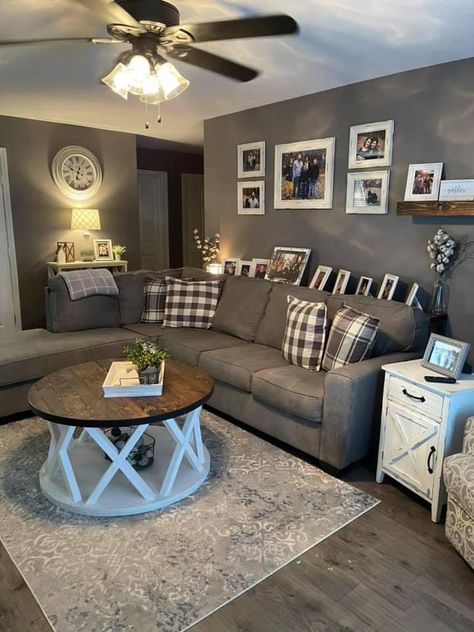 Small Home Asethic, Small House Living Room Ideas Cozy, First House Living Room, Split Level Home Living Room Ideas, Grey Interior Aesthetic, Living Room Inspiration Mobile Home, How To Style A Home, Small Mobile Home Decorating Living Room, Rustic Modern Farmhouse Living Room Decorating Ideas