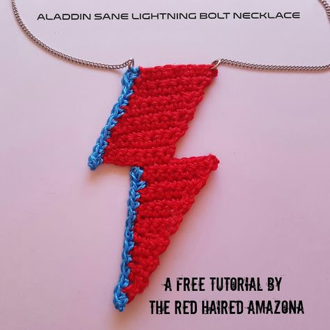 David Bowie Aladdin Sane Crochet Lightning Bolt Necklace & Applique- Free Tutorial! Crochet Lightning Bolt, Bowie Crochet, Bowie Lightning Bolt, David Bowie Lightning Bolt, Bowie Aladdin Sane, David Bowie Aladdin Sane, Lightning Necklace, Lightning Bolt Necklace, Aladdin Sane