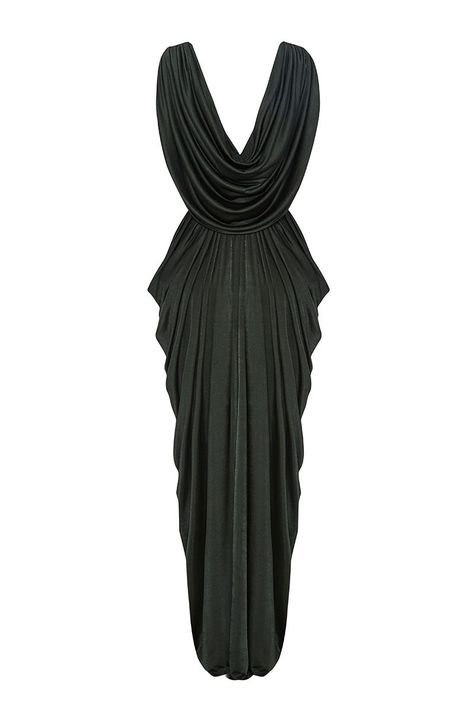 Sheike  GRECIAN MAXI DRESS $179.95 Floor length dress in a high sheen slinky stretch jersey. Featuring a deep v neckline, elasticated waist and draped sides. This style is a relaxed fit and is half lined.  www.sheike.com.au Black Grecian Gown, Gathers Dress, Drape Dress Pattern, Greek Outfit, Greece Dress, Grecian Maxi Dress, Grecian Gown, Greek Dress, Greek Goddess Dress