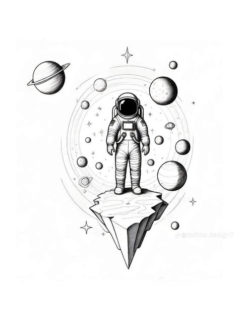 Cool Space Drawings Easy, Spaceman Tattoo Design, Astronaut On Moon Tattoo, Space Themed Sleeve Tattoo, Astronaut Digital Art, Space Ink Drawing, Earth Tattoo Color, Imani Tattoos, Space Helmet Tattoo