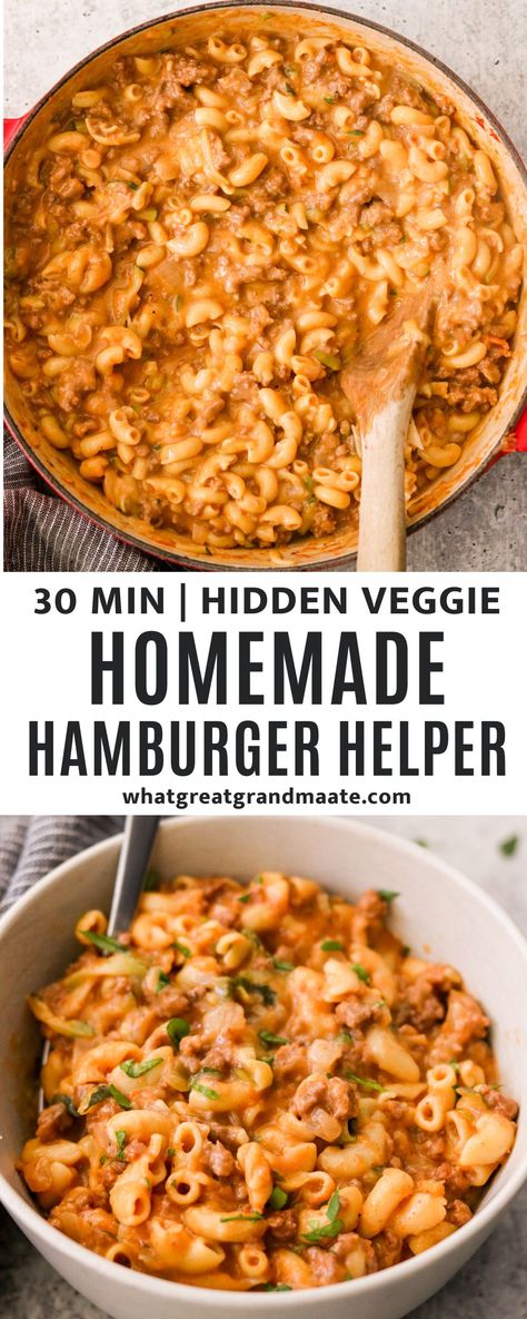 This 30-minute homemade hamburger helper recipe features the same cheesy sauce, ground beef, and pasta you know and love but has a hidden veggie option that packs in extra nutrients. This one-pot meal is full of flavor, kid-friendly, and parent-approved! Hidden Vegetable Hamburger Helper, Easy Healthy Dinner Kid Friendly, Meal Prep With Hamburger Meat, Vegetarian Hamburger Helper, Beef High Protein Recipe, Hidden Veggies For Kids Picky Eaters, Toddler Ground Beef Recipes, High Protein Hamburger Helper, Ground Beef Toddler Meals