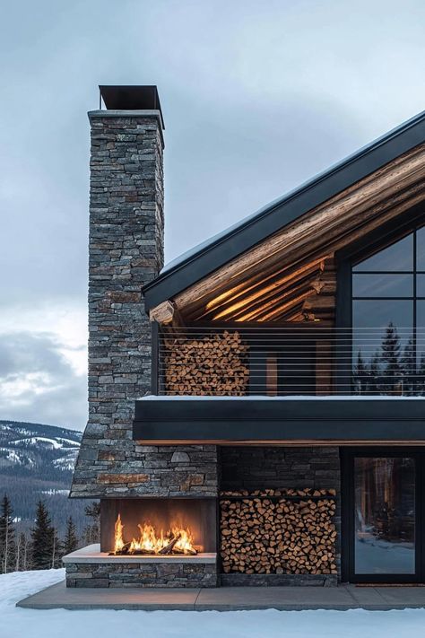 Modern log house in the mountains with a stone fireplace and firewood storage. Check out and drool over all of these enchanting mountain homes with stone fireplaces–the ultimate cozy and rustic retreats. Modern Log House, Cozy Mountain Home, House In The Mountains, Mountain Dream Homes, Modern Mountain House, Modern Chalet, Stone Fireplaces, Modern Mountain Home, Modern Rustic Homes