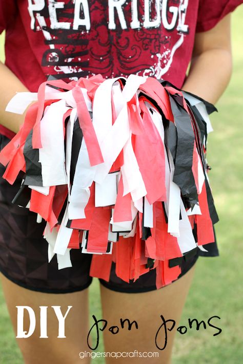 DIY Pom Poms at GingerSnapCrafts.com #pompoms #schoolspirit Cheer Bow Tutorial, Cheerleading Costume, Cheer Bows Diy, Pom Pom Tutorial, Cheer Pom Poms, Galaxy Slime, Diy Pom Poms, Football Theme Party, Cheerleader Costume