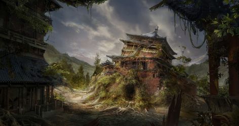 ArtStation - Abandoned temple, Amy Tan Japanese Temple Art, Abandoned Temple, Temple Artwork, Japanese Temples, Japanese Scenery, Amy Tan, Chinese Temple, Japanese Temple, Location Inspiration