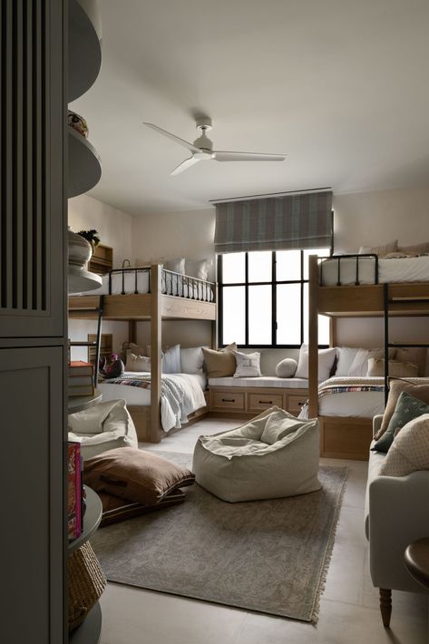 Vacation Bedroom Ideas, Bunk Room Playroom, Corner Bunk Room, Two Bunk Beds In One Room, Guest Room Bunk Beds, Studio Mcgee Basement, Studio Mcgee Kids Room, Boys Bunk Beds, Shared Bedroom Ideas