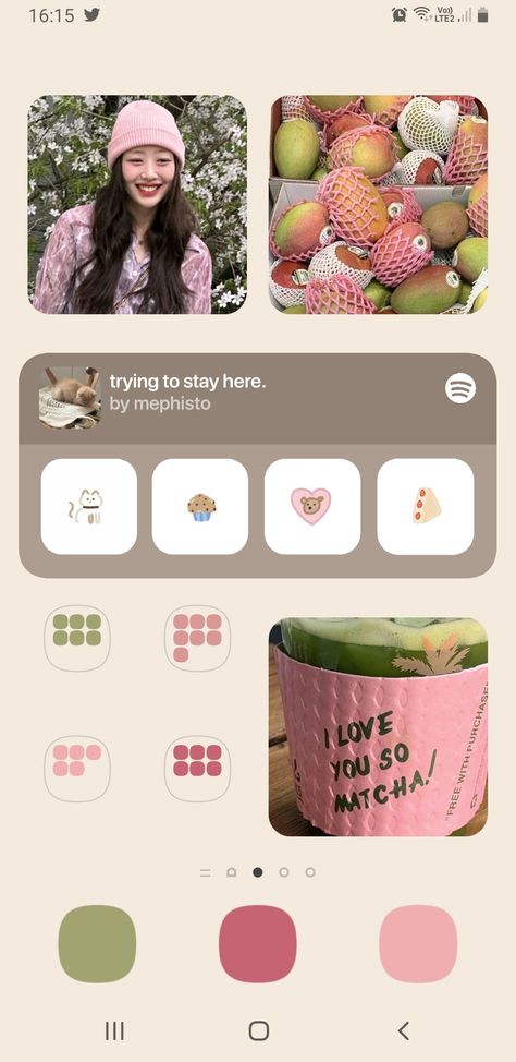 tags 🌷 android samsung homescreen inspo ideas aesthetic phone cute yves loona homescreen pink green spring theme homescreen Cute Samsung Phone Layout, Android Phone Customization, Phone Inspiration Android, Aesthetic Phone Ideas For Android, Phone Screen Ideas Android, Cute Phone Themes Android, Samsung Aesthetic Theme, Samsung Phone Theme Ideas, Homescreen Inspo Android