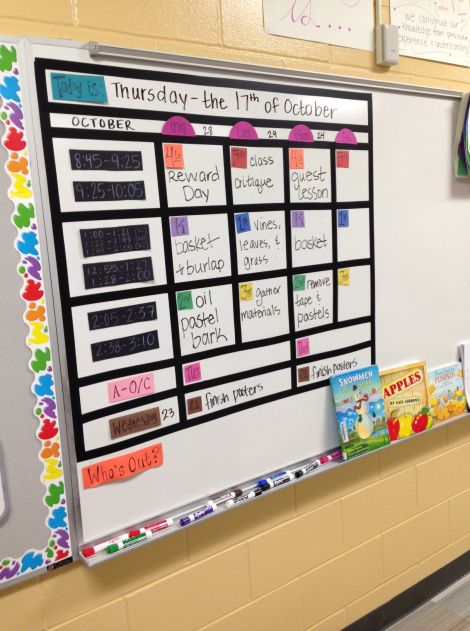 How to DISPLAY your art schedule, even with all those classes! Art Class Schedule, Classroom Schedule Display, Art Schedule, Tab Classroom, Palette Display, Whiteboard Organization, Art Classroom Posters, Learning Wall, Classroom Whiteboard