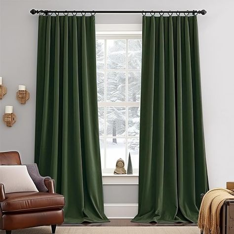 Amazon.com: Lazzzy Green Velvet Curtain Thermal Insulated Curtains 90 Inch Long Drapes for Bedroom Living Room Darkening Window Treatments Rod Pocket, Set of 2, Moss Green : Home & Kitchen Room Darkening Window Treatments, Ceiling Draping, Drapes For Bedroom, Long Room, Long Drapes, Family Dining Rooms, Insulated Curtains, Green Curtains, Thermal Curtains