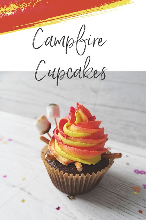 Fire Pit Cupcakes, Camp Cupcakes Ideas, Healthy Woodland Party Food, Outdoor Cupcakes Ideas, Bonfire Cupcake Ideas, Campfire Cupcakes Camping Birthday, Campfire Themed Desserts, Camping Cupcake Toppers, Camping Theme Treats