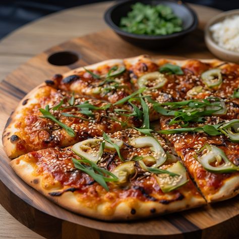 Experience a delightful fusion of Korean and Italian cuisine with this Spicy Kimchi Pizza. The traditional flavors of kimchi and pizza come together in a unique and mouthwatering combination that will leave you craving for more. #food #yum #crushedredpepper #sesameseeds #kimchi #koreanitalianfusion #flavoradventure #gochujang #weeknightdinner #spicykimchipizza #tasty #pizza #cilantro #savory #sesameoil #recipeinspiration #brunchgoals #mozzarella #redonions #recipe Korean Pizza Recipe, Kimchi Pizza Recipe, Kimchi Pizza, Korean Pizza, Spicy Kimchi, Spicy Pizza, Korean Chili Paste, Tasty Pizza, Mint Salad