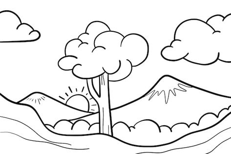 Mountain Drawing With Color, Easy Drawing Nature, Nature Simple Drawing, Nature Drawing Easy, Mountain Coloring Pages, Landscape For Kids, Simple Landscape Drawing, Landscape Drawing For Kids, Simple Nature Drawing