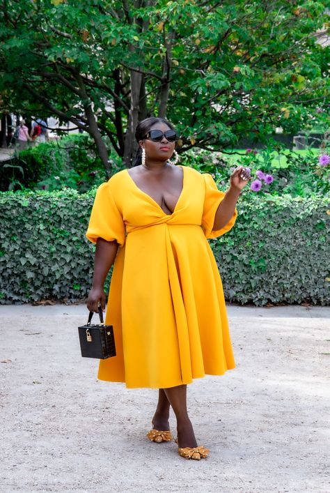 Yellow Outfit Plus Size, Mustard Fall Clothes Plus Size, Black Women In Yellow Dresses, Dopamine Dressing Plus Size, Yellow Plus Size Dresses, Black Nativity, Badgley Mischka Dress, Plus Size Party Dresses, Yellow Outfit