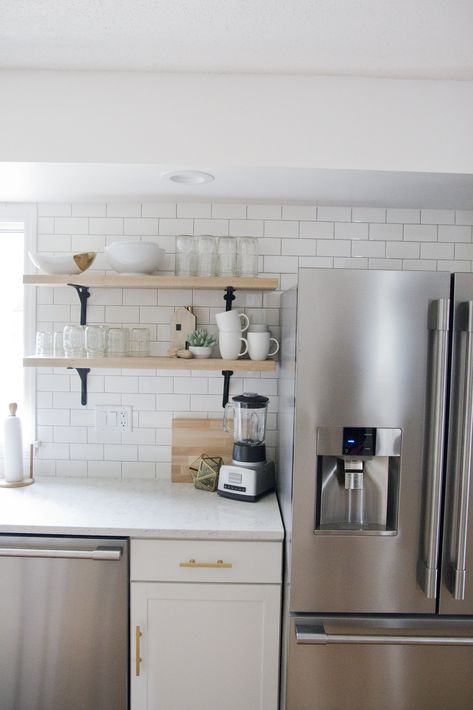 Shelves Above Fridge, Shelves Above Sink, Diy Wood Shelves, Kitchen Fridges, Open Kitchen Shelves, Kitchen Refrigerator, Kitchen Redo, Kitchen Rack, Updated Kitchen