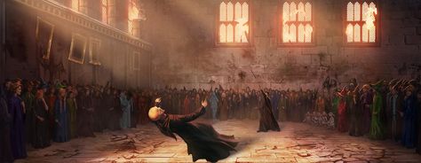 The Pottermore depiction of the final battle from Deathly Hallows - Faithfully set in the Great Hall, unlike in the movies. - Imgur Classe Harry Potter, Harry Potter Wiki, Harry Potter Voldemort, Harry Potter Illustrations, Gellert Grindelwald, Neville Longbottom, Harry Potter Artwork, Potter Art, Lord Voldemort