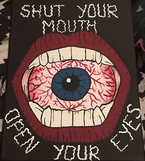 Trippy Canvas Painting, Shut Your Mouth Open Your Eyes East Trippy Painting Ideas, Phycadelic Drawing Ideas, Trippy Pencil Drawings Sketches, Cute Easy Trippy Drawings, Crazy Drawings Trippy, Painting Ideas Easy Simple Trippy, Droopy Eyes Drawing Trippy, Eye In Mouth Drawing, Painting Ideas Edgy