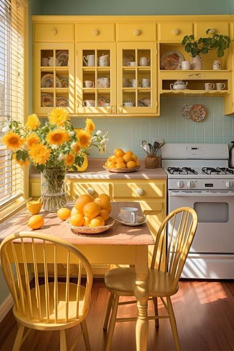 Yellow Cabinets, Deco Champetre, Yellow Cottage, Painted Cabinets, Yellow Kitchen, Chaise Design, Trendy Kitchen, Dream House Interior, Cottage Kitchen