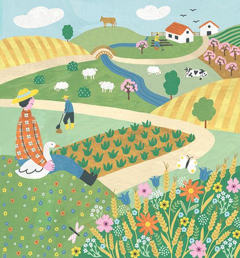 Cute Farm Illustration, Farm Illustration Design, Rural Illustration, Hills Illustration, June Illustration, Farm Mural, Farm Drawing, Village Illustration, Country Illustration