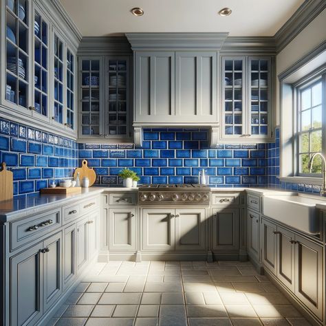 gray kitchen cabinets with cobalt blue ceramic tile backsplash Cobalt Blue Kitchens, Blue Ceramic Tile, Gray Kitchen Cabinets, Ceramic Tile Backsplash, Stone Backsplash, Beige Stone, White Backsplash, Gray Kitchen, Travertine Tile