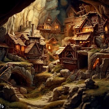 Underground Village Fantasy Art, Underground Town Fantasy Art, Fantasy Underground House, Fantasy Cave Village, Cave Village Fantasy Art, Fantasy Cave Home, Cave City Fantasy Art, Cave House Underground Homes, Underground Village