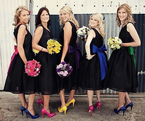 Black dresses + colored sashes Unique Bridesmaid Dresses, Black Bridesmaids, Mismatched Bridesmaids, Boda Mexicana, Mismatched Bridesmaid Dresses, Rainbow Wedding, Black Bridesmaid Dresses, Bridesmaid Bouquet, Wedding Bridesmaids