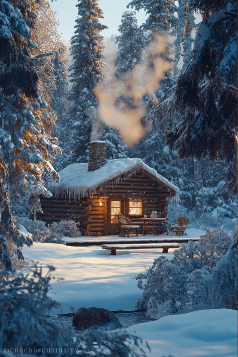 Cozy log cabin in a snowy forest with warm glowing windows, icicles hanging from the roof, and smoke rising from the chimney. A tranquil winter scene perfect for a phone wallpaper. Snowy Cabin In The Woods Aesthetic, Snow Cottage Aesthetic, Snowed In Cabin, Cabin In The Woods Aesthetic, Snowy Cabin In The Woods, House In The Snow, Cozy Winter Cabin, Snowy Cabin, Cozy Log Cabin