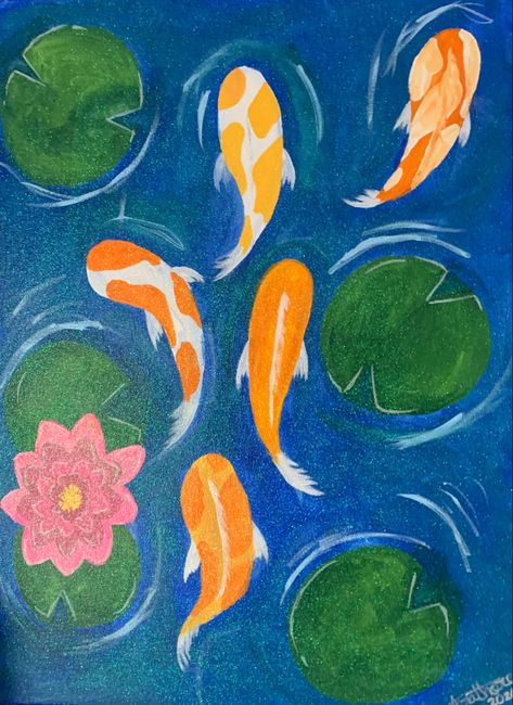 Koi Pond Drawing Simple, Koi Fish Lily Pad Painting, Koi Fish Chalk Art, Koi Pond Art Simple, Easy Coy Fish Painting, Painting Ideas Lily Pad, Koi Fish Parking Spot, Pond Fish Drawing, Coy Fish Pond Drawing