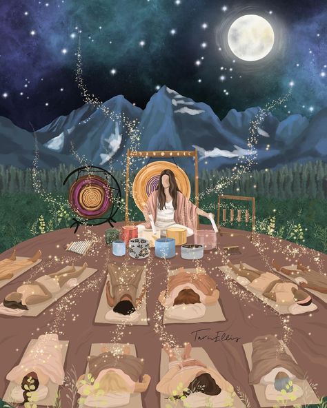 A moonlit soundbath in the Colorado mountains 🌕 Private commission for the wonderful @spiritualbizcoach ✨ #soundbath #soundhealing #meditation #yogaart #retreatart #gongbath #holisticwellness #selfcare #selflove #selfcareart #spiritualart #magicalart #esoteric #arttherapy #conciousness #healingart Mediumship Aesthetic, Calm Images, Hold Space, Arte Yoga, Healing Retreats, Spiritual Wallpaper, Healing Room, Sacred Circle, Sound Bath