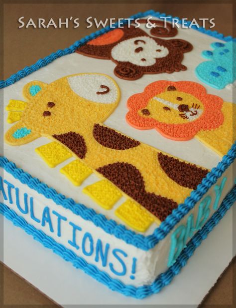 I had the pleasure of making a Baby Shower Cake for a friend recently. The theme was Zoo Animals along with the color Blue. The cake was Vanilla w/ Vanilla Buttercream. All of animals were hand dra... Animal Baby Shower Cake, Baby Shower Sheet Cakes, Birthday Cake Kids Boys, Cake For A Friend, Baby Shower Simple, Animal Cakes, Simple Baby Shower, Animal Cake, Jungle Baby Shower