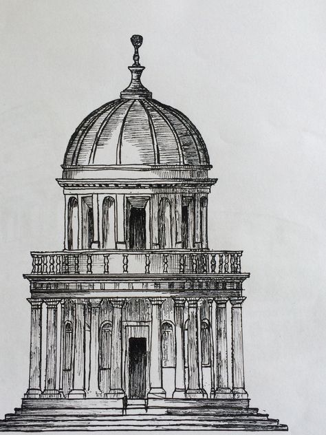 Tempietto Drawing, Easy Architecture Sketch, Perspective Building Drawing, Architecture Tutorial, Green Architecture Concept, Art Buildings, Aesthetic Architecture, Architecture Drawing Sketchbooks, Perspective Drawing Architecture