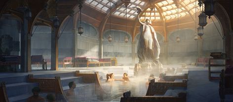 VON - 2 - Bathhouses, Hector Mateo Pino on ArtStation at https://www.artstation.com/artwork/oOYaZJ Bathhouse Art, Public Bath, Medieval World, Landscape Concept, Aesthetic Shop, Building Art, Fantasy Castle, Fantasy City, Fantasy Setting