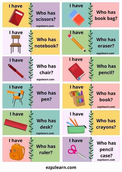 Free Printable I have Who has English Game For Kid School Classroom Kindergarten Preschool Activity English Class Games, English Games For Kids, Speaking Activities English, Classroom Objects, Classroom Kindergarten, English Teaching Materials, English Time, English Activities For Kids, English Games