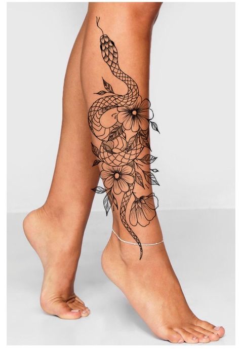 Badass Leg Tattoos For Women, Womens Lower Leg Tattoo, Thigh Tattoos Ideas For Women, Animal And Flower Tattoo, Snake Tattoos Leg, Front Leg Tattoo Women, Back Of Leg Tattoo Women, Snake Leg Tattoo, Girl Finger Tattoos