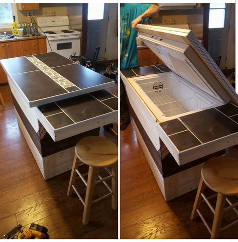 Deep freezer kitchen island Hide A Chest Freezer, Hidden Deep Freezer In Kitchen, Hiding A Deep Freezer, Hiding Deep Freezer, Kitchen Island Hack, Deep Freezer, House Flip, Chest Freezer, Diy Kitchen Island