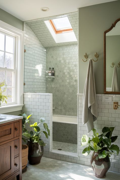 Bright bathroom with a skylight, green hexagonal tiles, a glass shower, wooden vanity, and potted plants. Light Green Walls Bathroom, Dark Green Bathroom Aesthetic, Small Bathroom Ideas Sage Green, Small Bathroom Sage Green, Sage Colored Bathroom, Green Bathroom Paint Ideas, Sage Green And Cream Bathroom, Nature Bathroom Aesthetic, Green Bathroom Accents