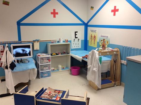 Medical center dramatic play addition--this would be especially good for children who have fears associated with going to the doctor. Doctor Role Play, Dramatic Play Themes, Community Helpers Theme, Role Play Areas, Play Corner, Dramatic Play Preschool, Dramatic Play Area, Preschool Centers, Playing Doctor